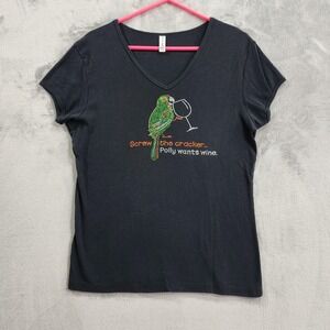 Chris's Stuff Shirt Womens XL Black V-Neck Polly Wants Wine Parrot‎ Rhinestone